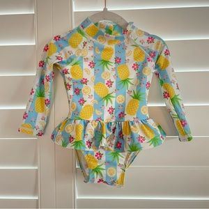 Flap Happy Pineapple Print Striped Ruffle One Piece Swimsuit Blue White